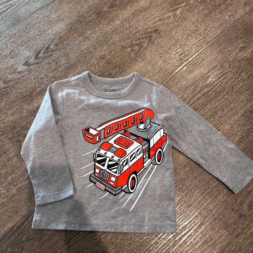 Gray Long Sleeve Shirt with Fire Truck Graphic
